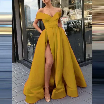 Women Fashion Sexy Solid Color Deep-V Neck Off Shoulder Creased Side Split Defined Waist Dress