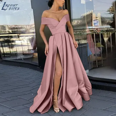 Women Fashion Sexy Solid Color Deep-V Neck Off Shoulder Creased Side Split Defined Waist Dress