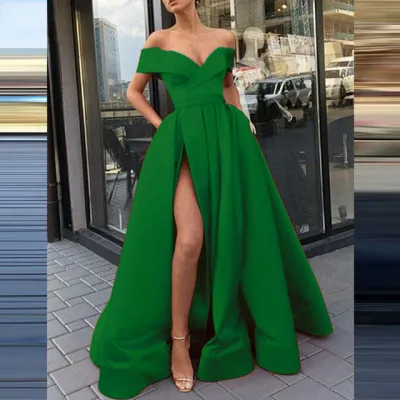 Women Fashion Sexy Solid Color Deep-V Neck Off Shoulder Creased Side Split Defined Waist Dress