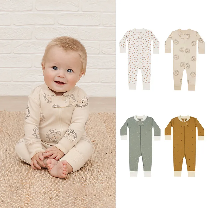 Kids Baby Unisex Autumn Winter Casual Cute Flower Lion Sun Pattern Cotton Long-Sleeved V Neck Jumpsuit