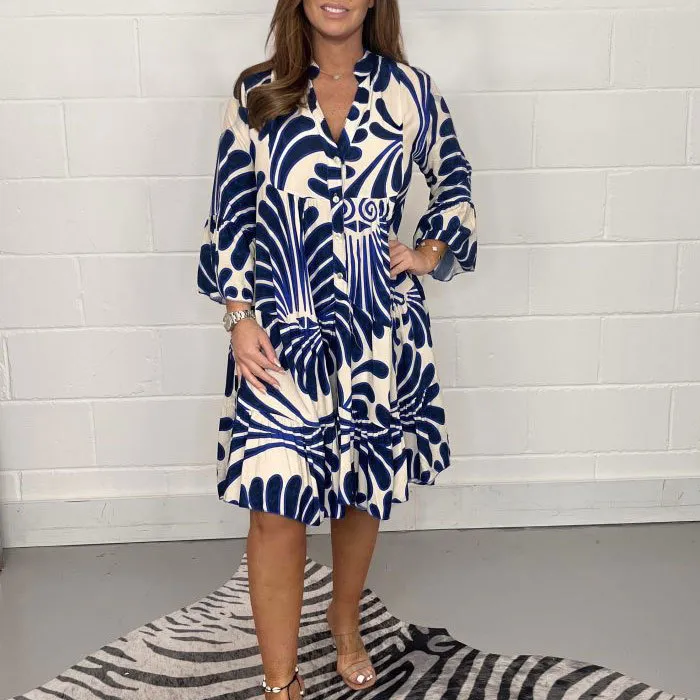 Casual Boho Women Graphic Print V Neck Loose Shirt Dress