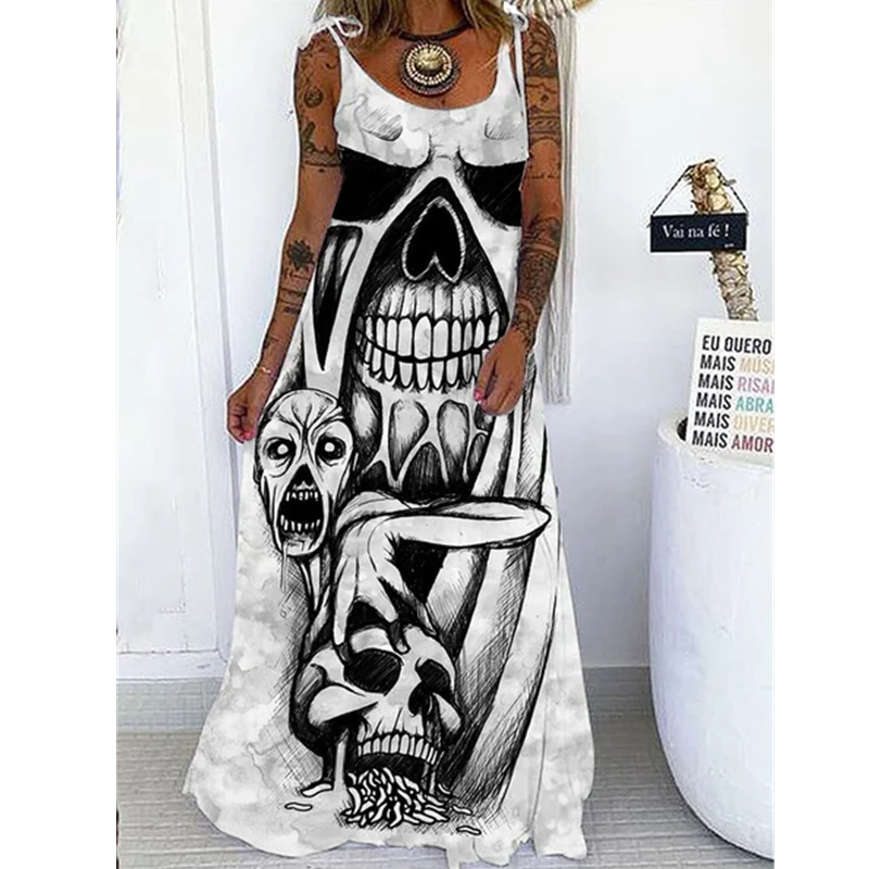 Wholesale Casual Boho Stlye Women Halloween Skull Print Loose Maxi Dress