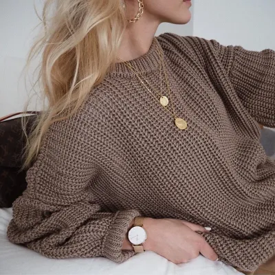 Women Casual Basic Solid Color Round Neck Knitted Pullover Sweater