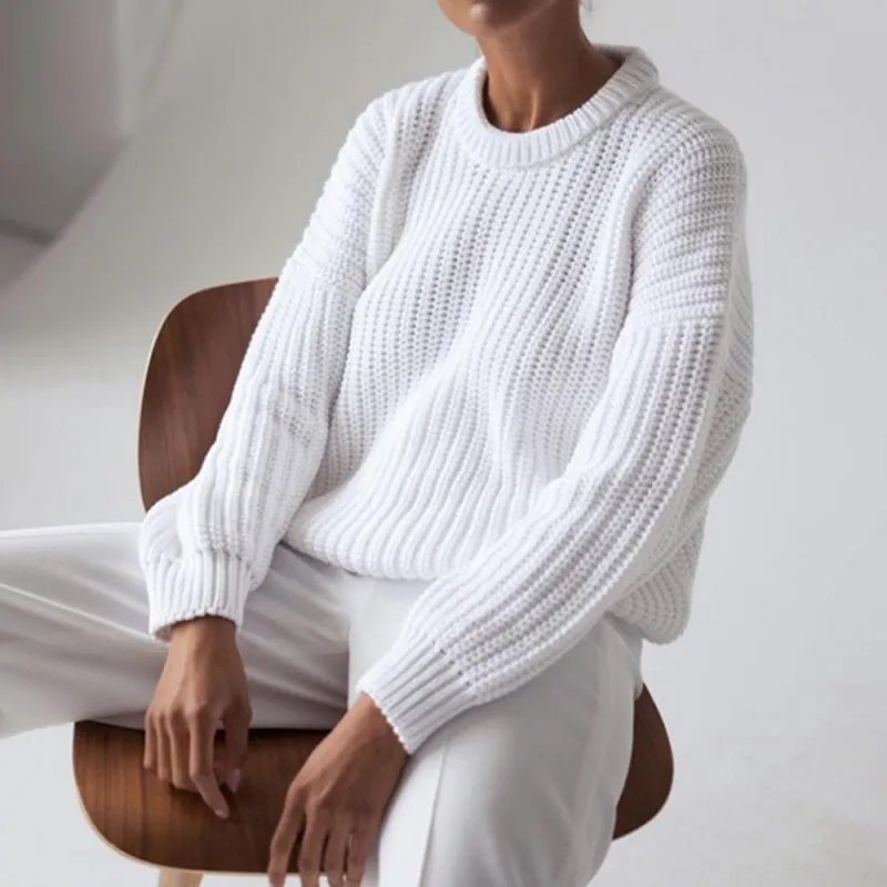 Women Casual Basic Solid Color Round Neck Knitted Pullover Sweater
