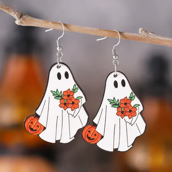 Halloween Women Funny Creative Witch Hat Ghost Pumpkin Bat Flower Double-Sided Wooden Earrings