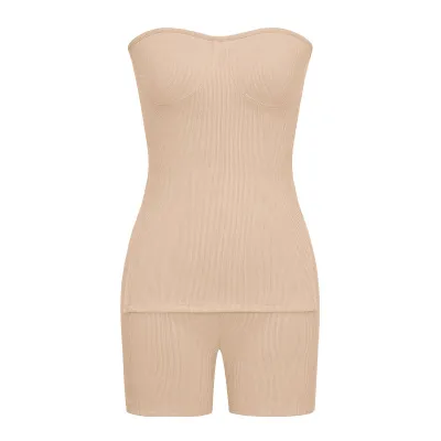 Sexy Women Fashion Rib-Knit Solid Color Slit Tube Top And Shorts Set