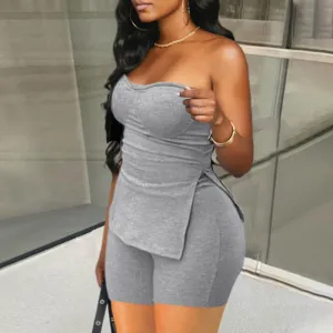Sexy Women Fashion Rib-Knit Solid Color Slit Tube Top And Shorts Set