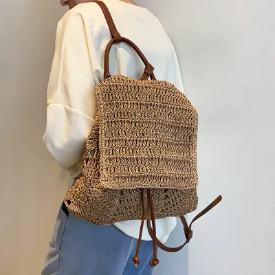 Women Fashion Vacation Beach Flap Straw Woven Backpack
