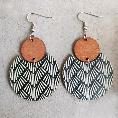 Women Fashion Bohemian Geometric Stripe Leaves Stitching Wood Earrings