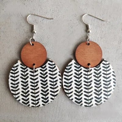 Women Fashion Bohemian Geometric Stripe Leaves Stitching Wood Earrings