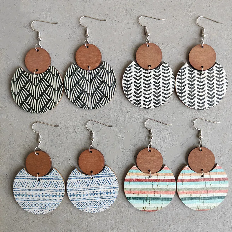Women Fashion Bohemian Geometric Stripe Leaves Stitching Wood Earrings