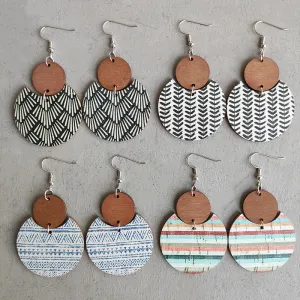 Women Fashion Bohemian Geometric Stripe Leaves Stitching Wood Earrings