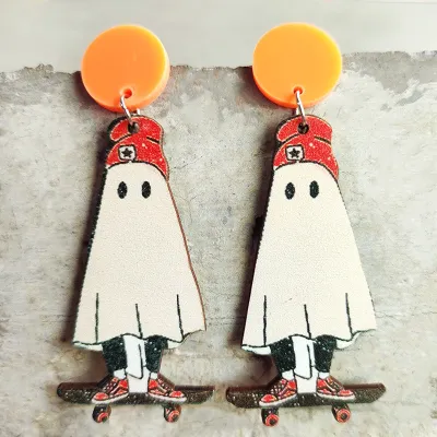 Halloween Women Funny Pumpkin Ghost Spider Colorful Flower Wood Earrings