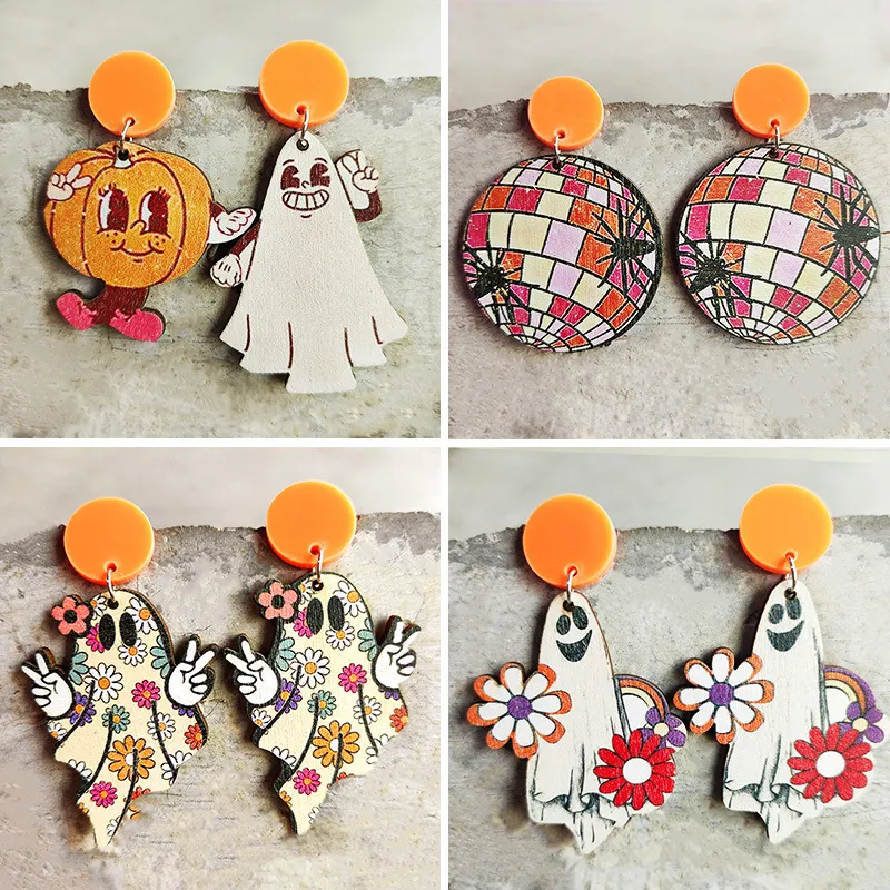 Halloween Women Funny Pumpkin Ghost Spider Colorful Flower Wood Earrings