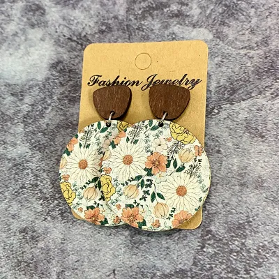 Vintage Bohemian Flower Stitching Wooden Earrings for Women