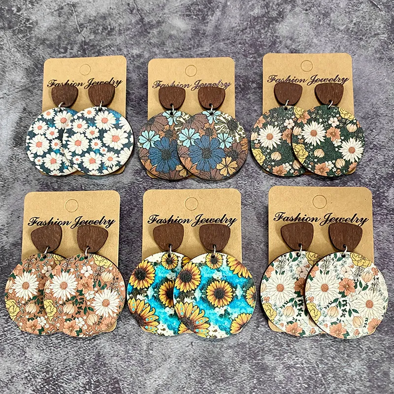 Vintage Bohemian Flower Stitching Wooden Earrings for Women