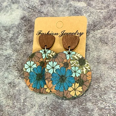 Vintage Bohemian Flower Stitching Wooden Earrings for Women