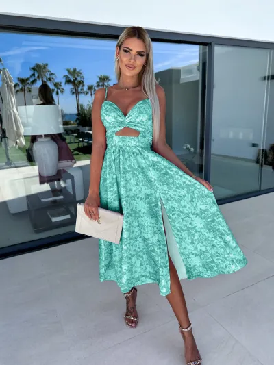 Women Solid Color Side Slit Spaghetti Strap Midi Dress