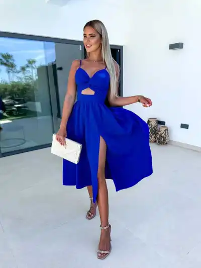 Women Solid Color Side Slit Spaghetti Strap Midi Dress
