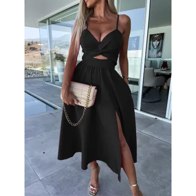 Women Solid Color Side Slit Spaghetti Strap Midi Dress