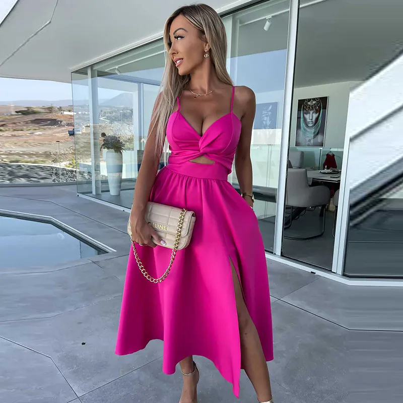 Women Solid Color Side Slit Spaghetti Strap Midi Dress