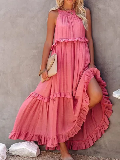 Summer Women Casual Beach Vacation Ruffled Maxi Dress