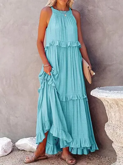 Summer Women Casual Beach Vacation Ruffled Maxi Dress