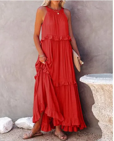 Summer Women Casual Beach Vacation Ruffled Maxi Dress