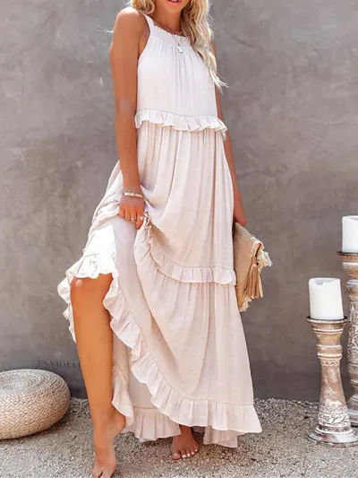 Summer Women Casual Beach Vacation Ruffled Maxi Dress