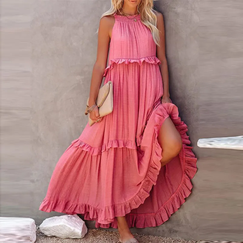 Summer Women Casual Beach Vacation Ruffled Maxi Dress