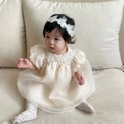 Kids Baby Girls Cute Solid Color Mesh Flowers Soft Skin-Friendly Princess Dress
