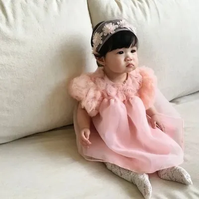 Kids Baby Girls Cute Solid Color Mesh Flowers Soft Skin-Friendly Princess Dress