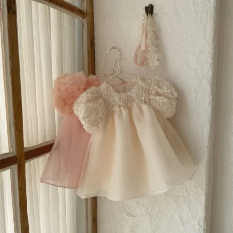 Kids Baby Girls Cute Solid Color Mesh Flowers Soft Skin-Friendly Princess Dress