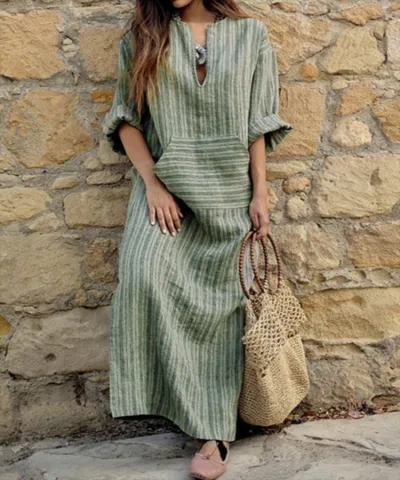 Women Casual Cotton Linen Yarn-Dyed Striped Loose Maxi Dress