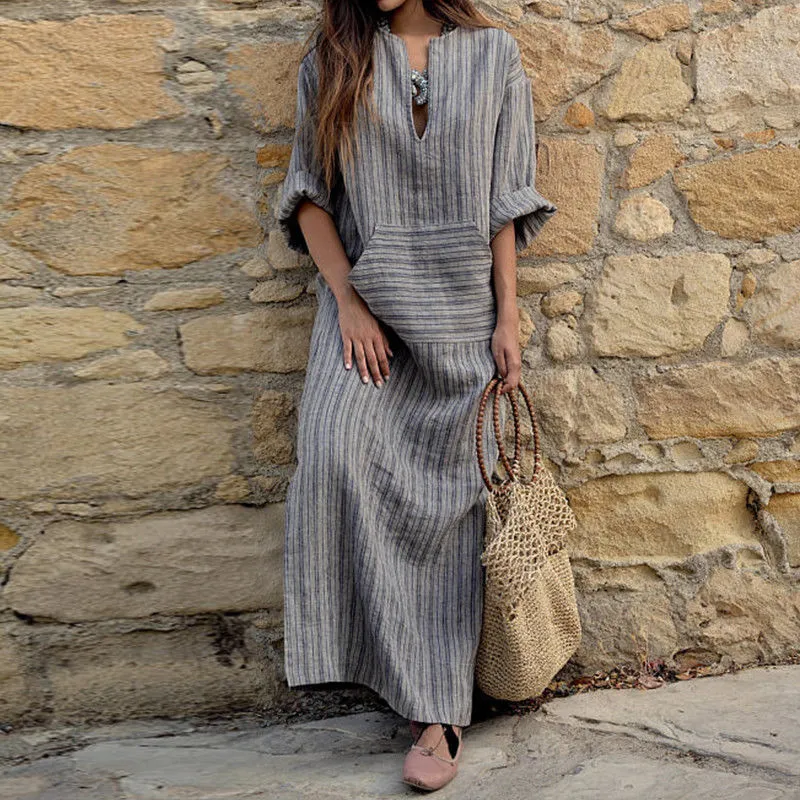 Women Casual Cotton Linen Yarn-Dyed Striped Loose Maxi Dress