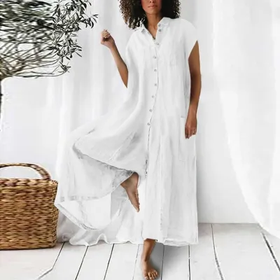 Casual Women Loose Comfortable Linen Solid Color Short Sleeve Single-Breasted Jumpsuits