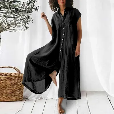 Casual Women Loose Comfortable Linen Solid Color Short Sleeve Single-Breasted Jumpsuits
