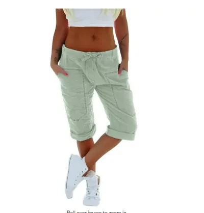 Women Summer Casual Solid Color Drawstring Waist Cropped Pants