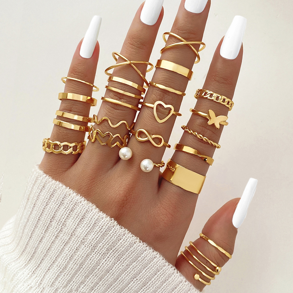 【TATIANA】ROPE PEARL RING★送料無料★2色 Wholesale Women Fashion Retro Love Pearl Ring 22 Piece Set