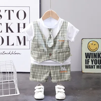 Kids Baby Boys Fashion Casual British Style Plaid Waistcoat Shirt Shorts Set