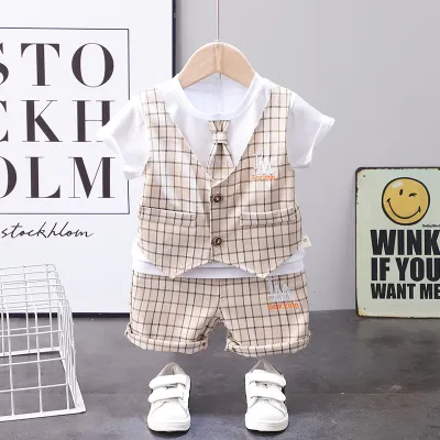 Kids Baby Boys Fashion Casual British Style Plaid Waistcoat Shirt Shorts Set