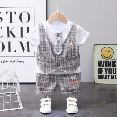 Kids Baby Boys Fashion Casual British Style Plaid Waistcoat Shirt Shorts Set