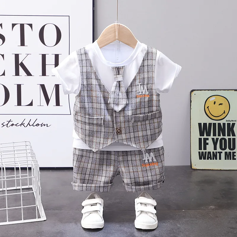 Kids Baby Boys Fashion Casual British Style Plaid Waistcoat Shirt Shorts Set