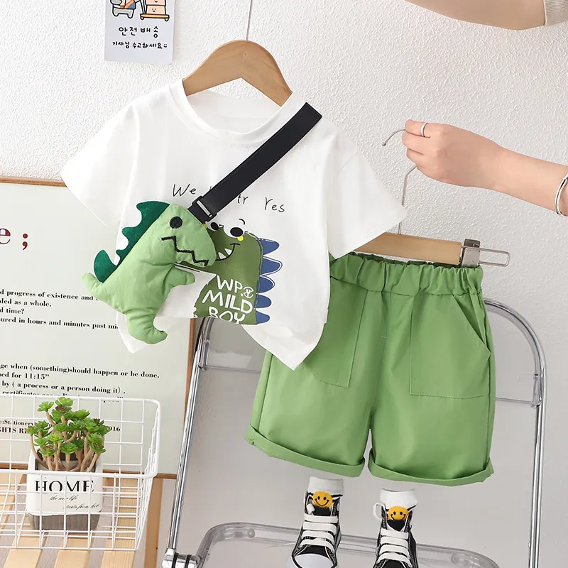 Wholesale Kids Toddler Boys Summer Fashion Casual Cute Alphabet Cartoon  Dinosaur Round Neckt-Shirt Shorts Set