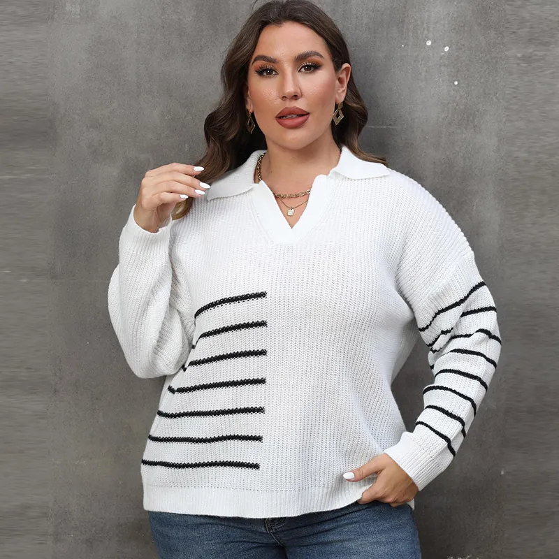 Casual Women Plus Size Winter Autumn V Neck Lapel Stripe Knitted Loose Sweater
