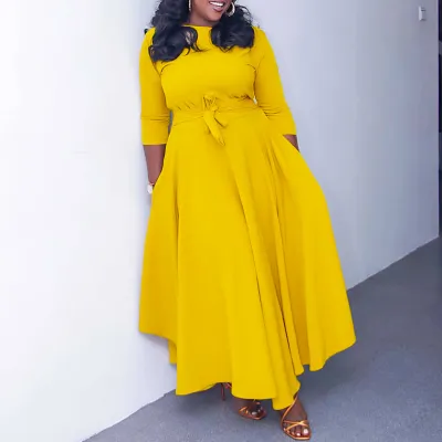 Plus Size Women Elegant Wind Casual Basic Solid Color Long Sleeve Maxi Dress
