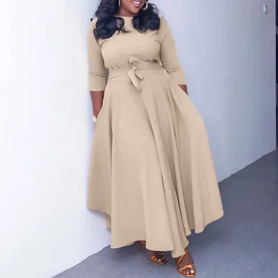 Plus Size Women Elegant Wind Casual Basic Solid Color Long Sleeve Maxi Dress