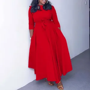 Plus Size Women Elegant Wind Casual Basic Solid Color Long Sleeve Maxi Dress