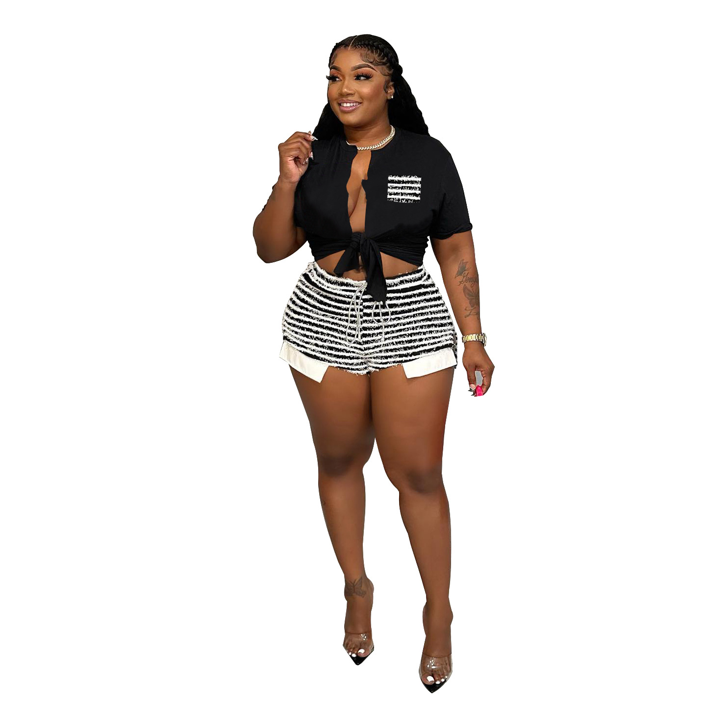 Wholesale Women Fashion Casual Lace-Up Top Striped Shorts