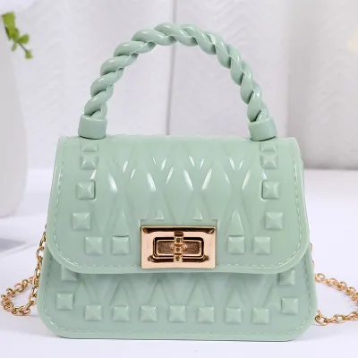 Women Fashion Leaf Pattern Mini Flap Lock Chain Crossbody Jelly PVC Bag